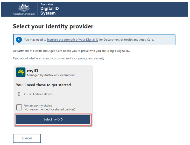 myID Select your identity provider